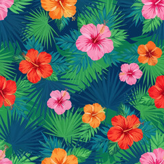 Tropical Hibiscus and Palm Leaf Seamless Pattern