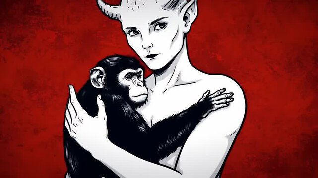 Monochromatic Horned Humanoid Embracing Monkey in Red Tones Illustration Animation