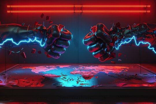Two metallic fists clash in a digital world.
