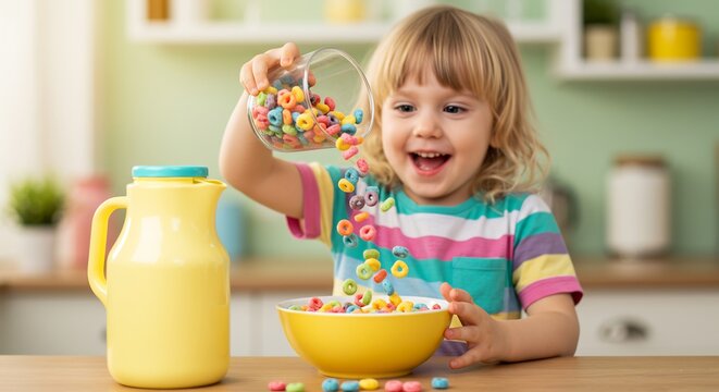Young child happily pours colorful cereal from a glass into a yellow bowl on a wooden table in a kitchen
