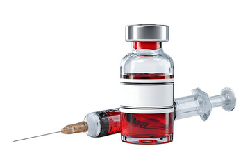 Medical vial and syringe filled with red liquid.