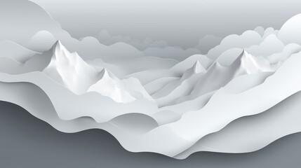 White gray layered paper cut landscape with mountain and cloud shapes creating calm and serene atmosphere in monochrome style design