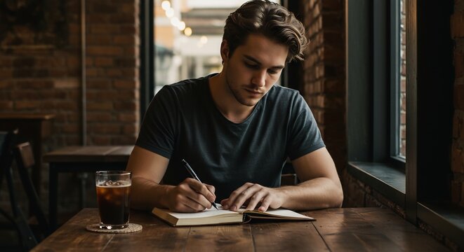 Young man intently writing in a notebook at a rustic cafe table with an iced coffee