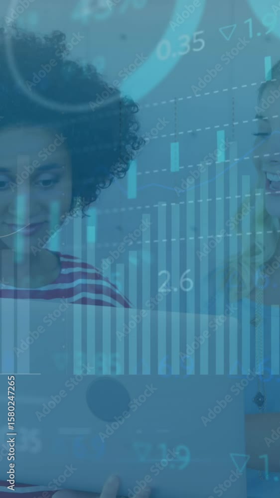 Poster animation of statistical data processing over three diverse colleagues discussing over a laptop
