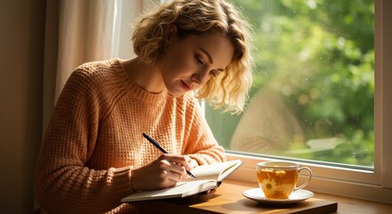 Young woman in an orange sweater writing in a journal by a sunlit window with a cup of tea