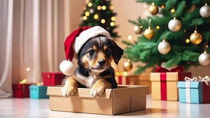 Cute little puppy sits in a gift box near a Christmas tree with garland. Adorable dog in a Christmas hat in a box. Christmas cartoon animation