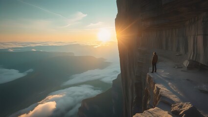 Adventurous Cliff Edge Sunset: Hiker Overlooking Cloud Valley