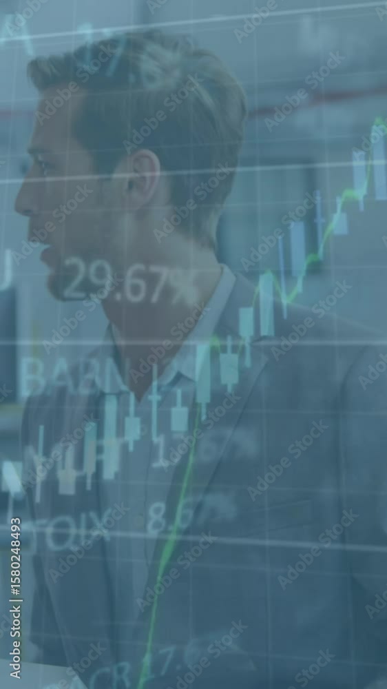 Poster animation of financial data processing and statistics over business people