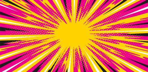 Pop art explosion effect background. Anime style. Lightning and explosion cartoon effects with halftone. Vintage retro comic book with halftone. Vector illustration in pop art style.