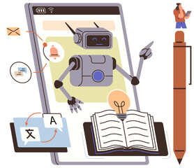 Robot on mobile screen performing tasks thumbs up translation, messaging, idea generation, and education. Ideal for automation, learning tools, translation apps, AI concepts, innovation creativity