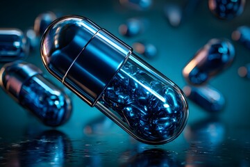 Futuristic Transparent Blue Capsules Hovering in Soft Bokeh Space Showcasing Nano Tech perfect for pharmaceutical pitches, biotech conference banners, supplement labels and sci-fi art