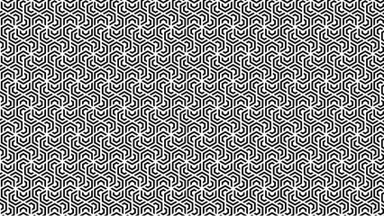 Intricate black and white geometric pattern featuring interconnected hexagon shapes in a dense array