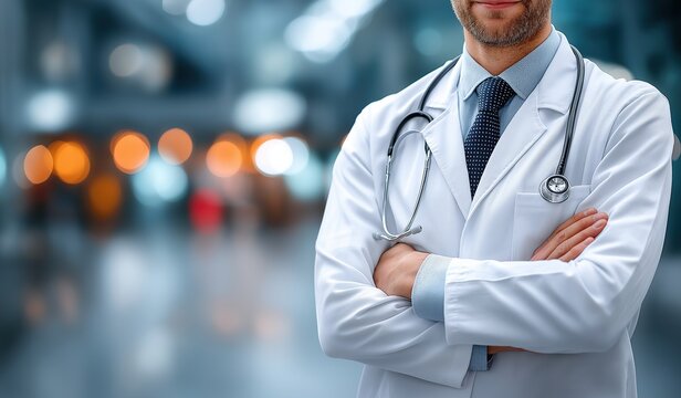 Handsome professional doctor in white coat with stethoscope on blurred hospital background, medical and healthcare advertising concept for service banner or promotional material