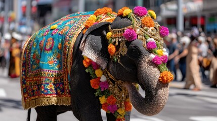 An elephant with colorful fabrics, golden jewelry, and fresh flowers