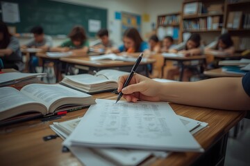 Students taking exam in classroom. Education test.