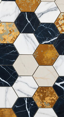 Luxury modern background of marble and gold metallic hexagon tiles