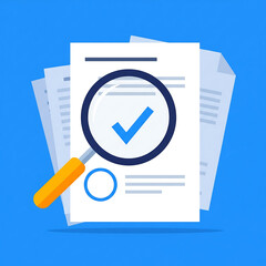 Document verification concept. Magnifying glass with check mark icon over paper contract
