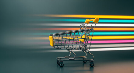 E-commerce and Fast Delivery Concept with Shopping Cart and Colorful Motion Blur Speed Lines