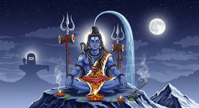 Illustration of Lord Shiva Meditating on a Mountain Under Full Moon, Generative ai