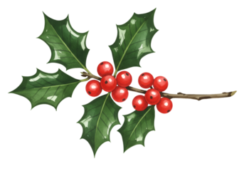 Illustration of Holly Berries and Green Leaves on Transparent Background
