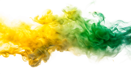 Yellow and Green Ink Swirling in Water on White Background