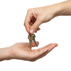 Isolated Image of Two Hands Passing Silver Keys with Transparent Background
