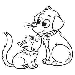 Obraz premium Adorable cat and dog duo: line art of furry companions. Vector hand-drawn doodle illustration black and white