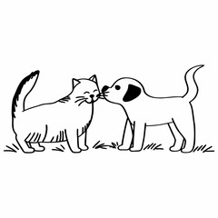 Obraz premium Adorable cat and dog duo: line art of furry companions. Vector hand-drawn doodle illustration black and white