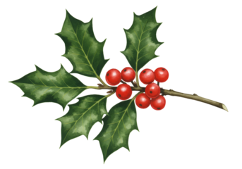 Illustration of Holly Branch with Red Berries and Green Leaves on Transparent
