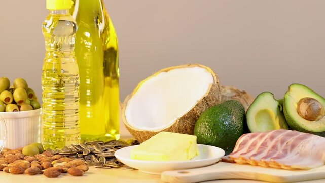 Assorted Healthy Fats and Oils on Wooden Table