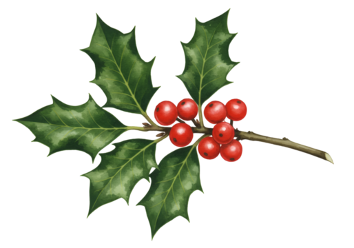 Illustration of Holly Branch with Red Berries and Green Leaves on Transparent