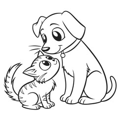 Obraz premium Adorable cat and dog duo: line art of furry companions. Vector hand-drawn doodle illustration black and white