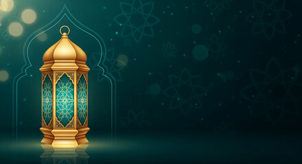 Golden Ramadan Lantern on a Teal Background with Islamic Arch and Bokeh Lights for Greeting Card