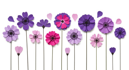 Handmade paper flowers in purple and pink. Floral border for decoration or greeting card