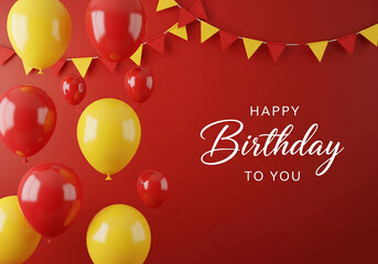 Happy Birthday greeting card with festive red and yellow balloons on a red background