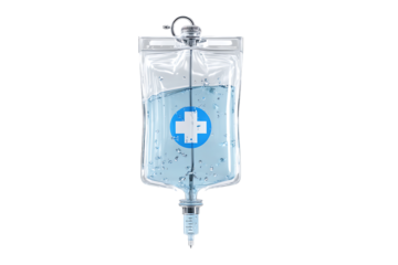 Intravenous bag with a medical cross.