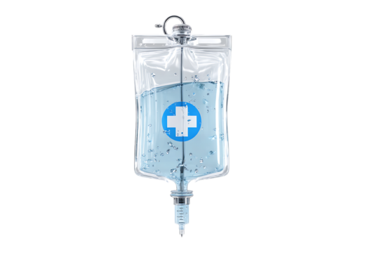 Intravenous bag with a medical cross.