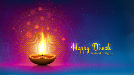 Happy diwali vector greeting card. Festive diwali card. Banner, poster design template with lamp, golden lights. Blue magenta colorful background, mandala. Vector holiday illustration