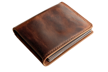 A stylish leather wallet with cards partially visible, background isolated on a Transparent background, PNG file.