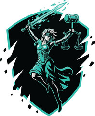 A stylized illustration of Lady Justice, leaping with sword and scales, within a shield.