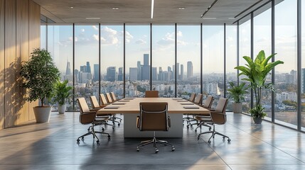 Modern Conference Room with City View and Large Windows for Professional Setting and Meetings 