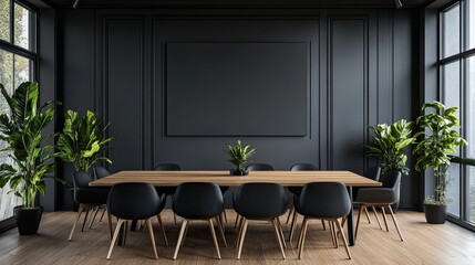 Modern Conference Room with Dark Gray Walls, Wooden Table, Black Chairs, and Blank Wall for Ads