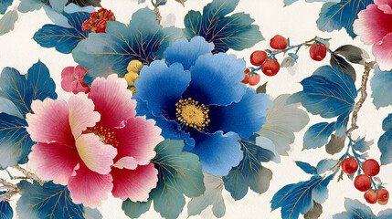 Japanese Traditional Watercolor Pattern with Elegant Floral Motifs and Seamless Design for Vintage Oriental Backgrounds Stock Illustration