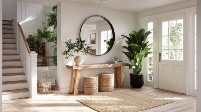 Bright and welcoming entryway with stylish decor, plants, and natural light, perfect for modern home aesthetics.
