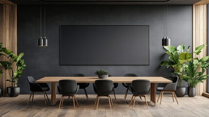 Modern Conference Room with Dark Gray Walls, Wooden Table, Black Chairs, and Blank Wall for Ads 