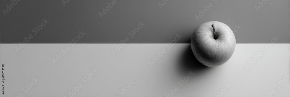 Poster minimalist grayscale composition featuring a single colored apple against an empty right side backgr