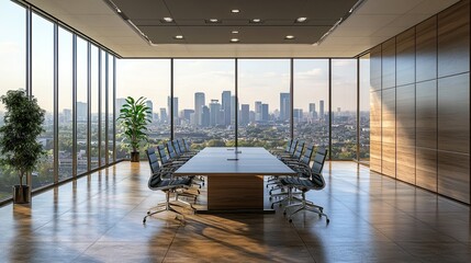 Modern Conference Room with Large Windows Overlooking a Beautiful City Skyline