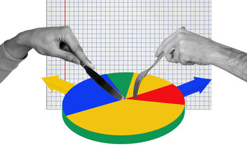 Artwork magazine collage picture of arms cutting nutriscore colorful pie isolated drawing background