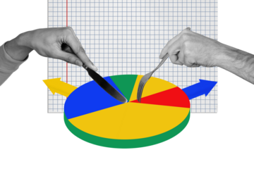 Artwork magazine collage picture of arms cutting nutriscore colorful pie isolated drawing background