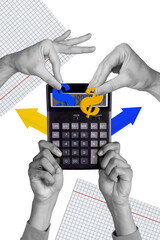 3d retro abstract creative artwork template collage of arms counting money calculator isolated...